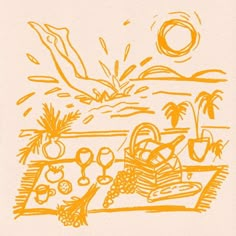 an orange ink drawing of food and drinks on a table