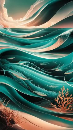 an abstract painting with blue waves and corals