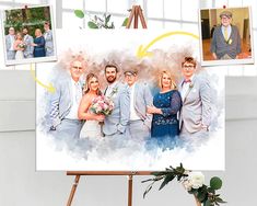 the wedding party is posing in front of an easel with their pictures on it