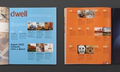 an orange and blue brochure with pictures on it's front cover is shown