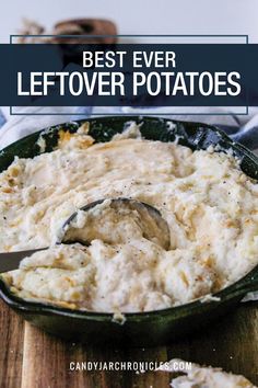 the best ever leftover potato casserole recipe in a green bowl with a spoon