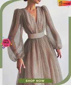 Polka Dot High Waist Midi Dresses Women V-neck Sweet Long Puff Sleeve Elegant Dress Lady Party Vestidos Puff Long Sleeve Dress, Chiffon Summer Dress, Maxi Dress Outfit, Puff Long Sleeves, Long Midi Dress, V Neck Midi Dress, Maxi Skirts, Midi Dress With Sleeves, Trend Fashion