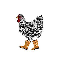 a black and white chicken with yellow boots on it's feet is standing in front of a white background