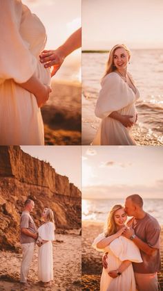 a pregnant couple standing on the beach at sunset