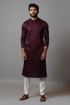 Shop for Paarsh Purple Linen Satin Filigree Mirror Work Kurta Set for Men Online at Aza Fashions Filigree Mirror, Mirror Work Kurta, Cotton Pajama Pants, Floral Mirror, Kurta Men, Kurta Set For Men, Ethnic Design, Kurta With Pants, Satin Color