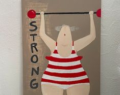 a painting of a woman in red and white striped bathing suit holding a barbell