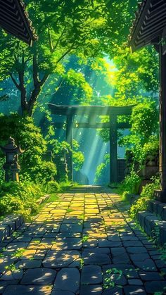 an anime scene with sunlight streaming through the trees and stone walkway leading to a gate