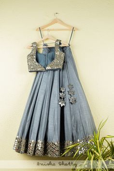 Flair Lehenga, Grey Lehenga, Blouse Lehenga, Mirror Work Lehenga, Raw Silk Lehenga, Mirror Work Blouse, Grey Mirror