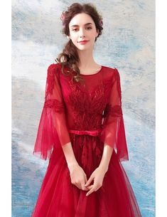 Burgundy Long Red Formal Party Dress A Line With Bell Sleeves Wholesale #T69222 - GemGrace.com Red A-line Gown For Party, Red Christmas Dress For Banquet, Red Christmas Banquet Dress, Red Long Sleeve Banquet Dress, Fitted Red Evening Dress For Banquet, Burgundy Formal Dress For Christmas, Fitted Formal Gown For Christmas, Fitted Formal Christmas Gown, Christmas Formal Burgundy Dress