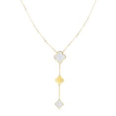 The lariat clover necklace is our go-to piece to add to any look! Available in several gemstone options. Dress it up with a cocktail dress & heels, or dress it down with your comfiest loungewear. Either way, you'll be classic chic! 14K Yellow Gold1 Large Mother of Pearl Clover Measuring: 14 millimeters - 0.55 inch1 Small Gold Clover Measuring: 10 millimeters - 0.40 inch1 Small Mother of Pearl Clover Measuring: 10 millimeters - 0.40 inchAdjustable Chain Length: 16-18 inchesLariat Drop Measures: 2.5 inchesThis piece is identical on both sides Lobster Clasp // Elegant Lariat Necklace With Adjustable Chain, White Chic Lariat Necklace, Chic White Lariat Necklace, Elegant Lariat Chain Necklace, Chic Formal Lariat Necklace With Clavicle Chain, Luxury Lariat Necklace With Adjustable Chain, Elegant Long Drop Lariat Necklace, Luxury Lariat Necklace With Clavicle Chain, Elegant Lariat Necklace Gift