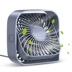 an electric fan with green leaves coming out of it's blades on a white background