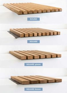 three different types of wooden slats are shown in this graphic above them is the size and width of each plank