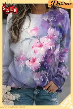 Floral Print Gradient Color O-neck Long Sleeves Sweatshirt Basic Streetwear, Tops Long Sleeve, Fall Sweatshirt, Women Hoodies Sweatshirts, Print Sweatshirt, Casual Pullover, Pullover Sweatshirts, Womens Fall, Women Pullover