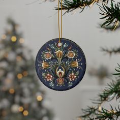 an ornament hanging from a christmas tree