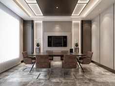 a dining room with a large table surrounded by chairs and a flat screen tv mounted on the wall