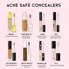 Acne, skincare, skincare routine, skincare products, beauty, makeup Makeup Items List For Beginners, Acne Safe Makeup Products Drugstore, Acne Safe Drugstore Makeup, Acne Safe Concealer, Best Makeup Products 2023, Acne Safe Makeup Products, Make Up Products List, Acne Free Makeup, Makeup Routine For Acne