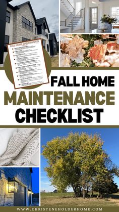 the front cover of a home maintenance checklist with pictures of houses and trees in it