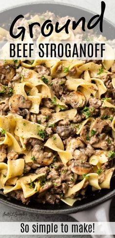 a skillet filled with ground beef and pasta