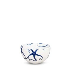 a bowl with an octopus design on the side and blue stars in the middle, against a white background