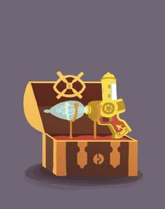 an open pirate chest with keys and other items in it on a purple background illustration