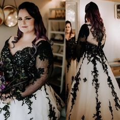 the woman is wearing a black and white dress with flowers in her hair, holding a bouquet