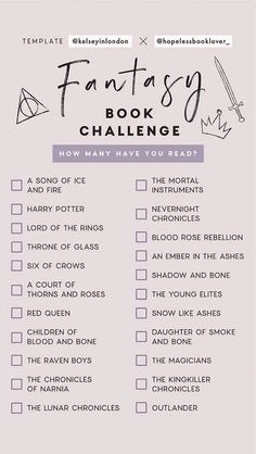 the fantasy book challenge checklist is shown in black and white, with text that reads fantasy