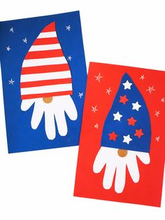 two red, white and blue handprints with stars on them sitting next to each other