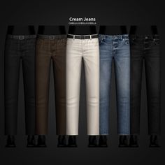 five pairs of jeans with different colors and sizes