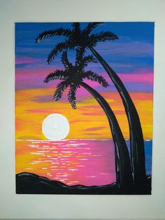 an acrylic painting of palm trees at sunset