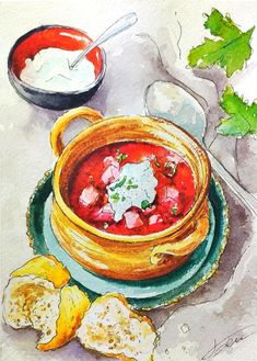 a watercolor painting of a bowl of soup and bread