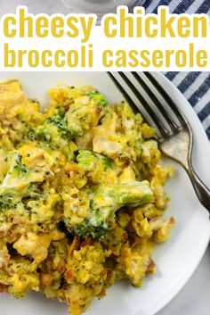 broccoli casserole on a white plate with a fork next to it