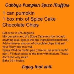 the ingredients for pumpkin spice muffins on an orange background with text overlay