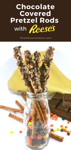 chocolate covered pretzel rods with reeses in a jar