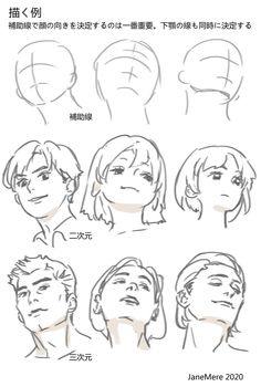 an anime character's face with different facial expressions and hair styles, including the head