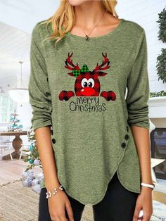 Raglan Sleeve Sweatshirt, Blouse Sale, Casual Long Sleeve Shirts, Irregular Hem, Round Neck Sweatshirts, Christmas Print, Graphic Tops, Sweater Sale, Cozy Sweatshirts