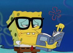 spongebob reading a book with the caption hold on, i'm searching for a tuck to give