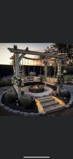 a gazebo with swings and seating around it at sunset or dusk, in the middle of a garden