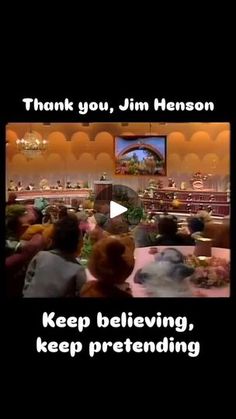 a group of people sitting around a table in front of a tv with the words, thank you, jim heson keep believing