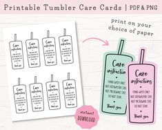 printable tumbler card cards with the words care on your choice of paper and instructions to use them