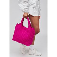 Woman wearing Fuchsia Sol and Selene Sky's The Limit - Medium Tote 841764107815 View 1 | Fuchsia Chic Pink Square Bucket Bag, Versatile Pink Tote Bag, Trendy Pink Square Bucket Bag, Pink Square Bucket Bag For Travel, Square Pink Bucket Bag For Travel, Pink Everyday Bucket Shoulder Bag, Pink Shoulder Bucket Bag For Everyday Use, Pink Everyday Shoulder Bucket Bag, Versatile Pink Shopping Bag