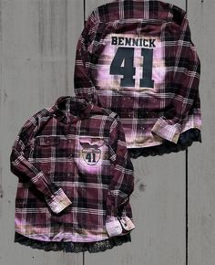 Custom bleached flannels trimmed with lace on the bottom. We have lots of options to choose from. Whether you have one or two riders, we can customize to fit your need!  Please keep in mind that with bleached products the results may vary. Bleach spot colors will vary depending on the color and size of the flannel. You can message me requests for more or less bleach distressing. You can also request one or two bleached pockets with number plates. Mending Clothes, Number Plates, Black Flannel, Flannel Shirts