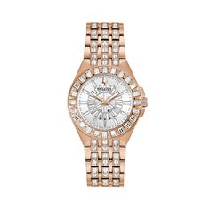 Rose gold-tone stainless steel case and bracelet and silver white pave dial embellished with 110 statement making baguette Swarovski Crystals. Deployant buckle, flat mineral crystal, water resistance to 30 meters. Luxury Rose Gold Watches With Diamond Accents, Rose Gold Diamond Watch With Round Dial For Evening, Timeless Rose Gold Diamond Watch, Crystal Water, Stunning Style, Rose Tone, Women Rising, Baguette Cut, Diamond Watch