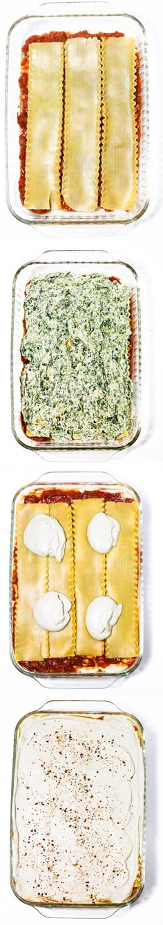 four different types of lasagna in glass dishes on a white surface with text overlay that reads lasagna casserole