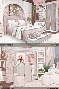 two pictures of a bedroom with pink and white decor