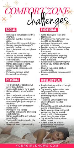 Staying cozy and safe has its perks, but honestly, growth doesn’t happen while you’re sipping your latte on the couch. It happens when you decide to try something new, even if it’s scary, awkward, or plain uncomfortable. Leave Comfort Zone, Comfort Zone Challenge, Challenge List, Challenge 30 Day, Out Of Comfort Zone, Personal Challenges, Emdr Therapy, Happiness Challenge, Building Self Esteem