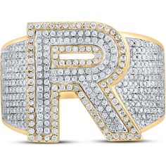 Savor the radiance of masterful design in this stunning 10K Two-Tone Gold "R" Initial Letter Ring, where luxury meets personal expression. This bold statement piece is adorned with 1.25 carats of exquisite round diamonds, meticulously pave-set to catch the light from every angle. The two-tone gold band adds a modern twist, blending the warmth of yellow gold with the sleekness of white gold, ensuring this ring stands out as a symbol of sophistication and style.The initial "R" is not just a letter Luxury White Gold Diamond Ring With Initials, R Initial, Initial R, Letter Ring, Jewelry Appraisal, Diamond Education, Letter R, Ring Pendant Necklace, Womens Wedding Bands