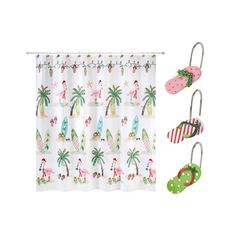 The Avanti Flamingo Jingle 13-Pc. Shower Curtain & Shower Hook Set features a beautifully printed curtain with holiday and coastal icons in festive colors on a white ground. 100% polyester, 72" x 72". The 12 pc hook set features 4 each of 3 colorful flip-flops made in durable, hand-painted resin. Bathroom Accessory Sets, Memorable Gifts, Shower Bath, Bathroom Accessories, Flamingo, Everyday Essentials Products, Shower Curtain, Bed Bath And Beyond, Flip Flops