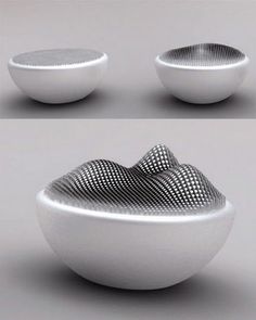 three different views of a white bowl with black dots on it