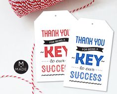 thank you for being a key to our success gift tags with red and white twine