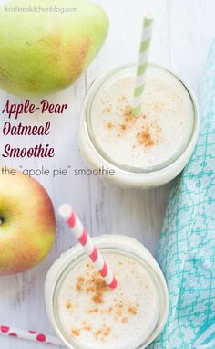 two glasses of apple pear oatmeal smoothie with straws and apples